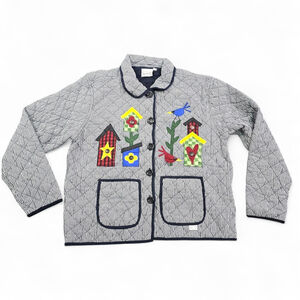 VTG Beverly Jacket Womens Large Gingham Quilted Birdhouse Applique Folk Art Cozy